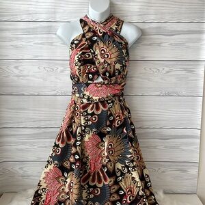 Feather Print Cross Strap‎ Sleeveless High Waist Dress
